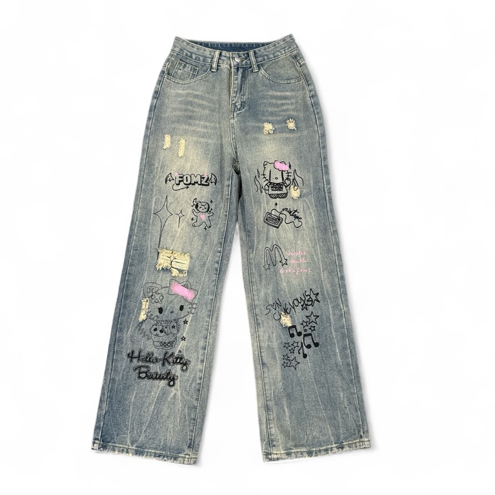 Hello Kitty Graphic Denim Wide Leg Gothic Jeans - Picture 3 of 9